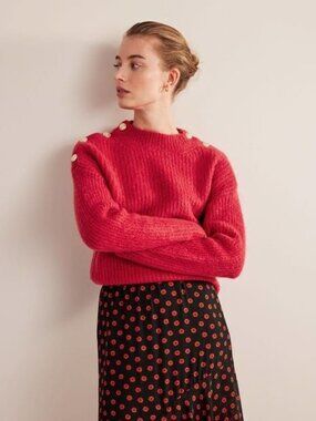 BODEN Fluffy Ribbed Button Jumper Sweater Ruby Red sz L Women's